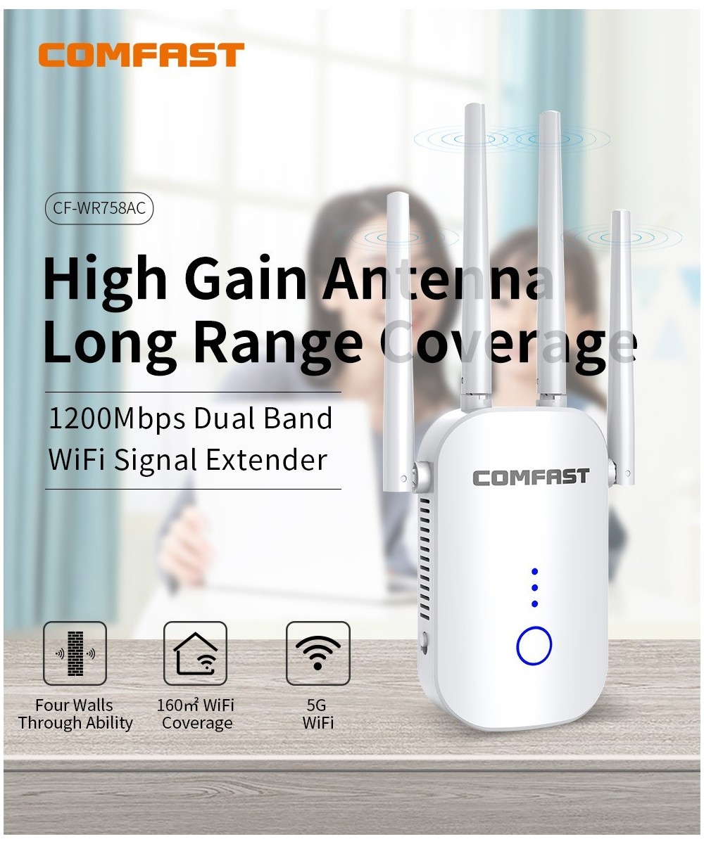 Amplificador y repetidor wifi dualband Comfast 2.4 / 5.8GHZ 1200mbps CF-WR758AC