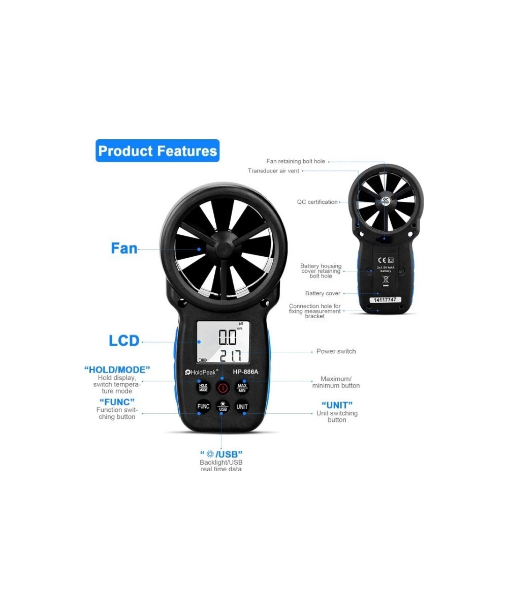 Medidor digital de velocidad del viento, temperatura y humedad Anemómetro HP-866A