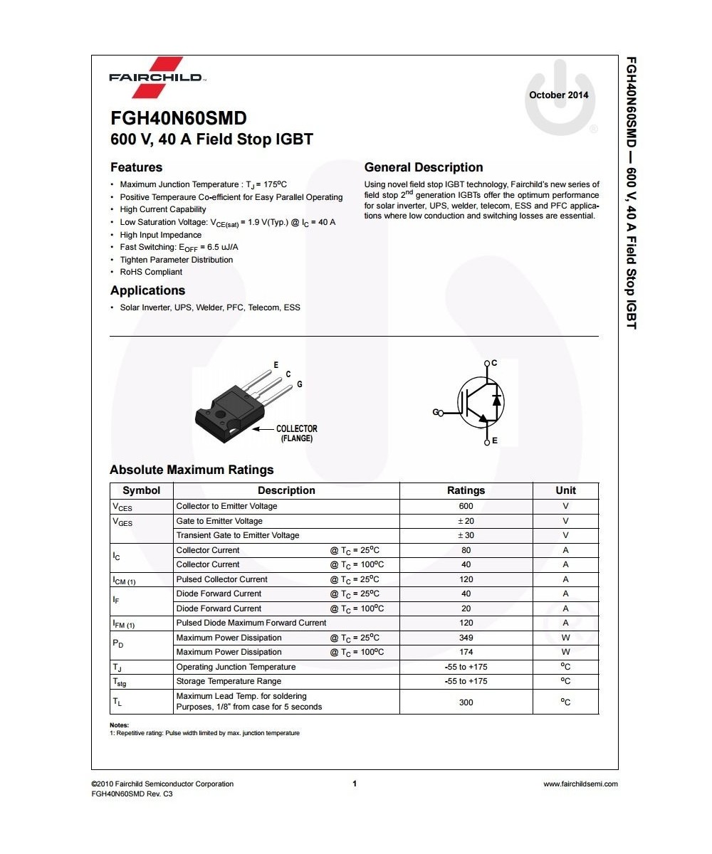 Transistor de Potencia IGBT FGH40N60SMD 600V 40A (TO-247)