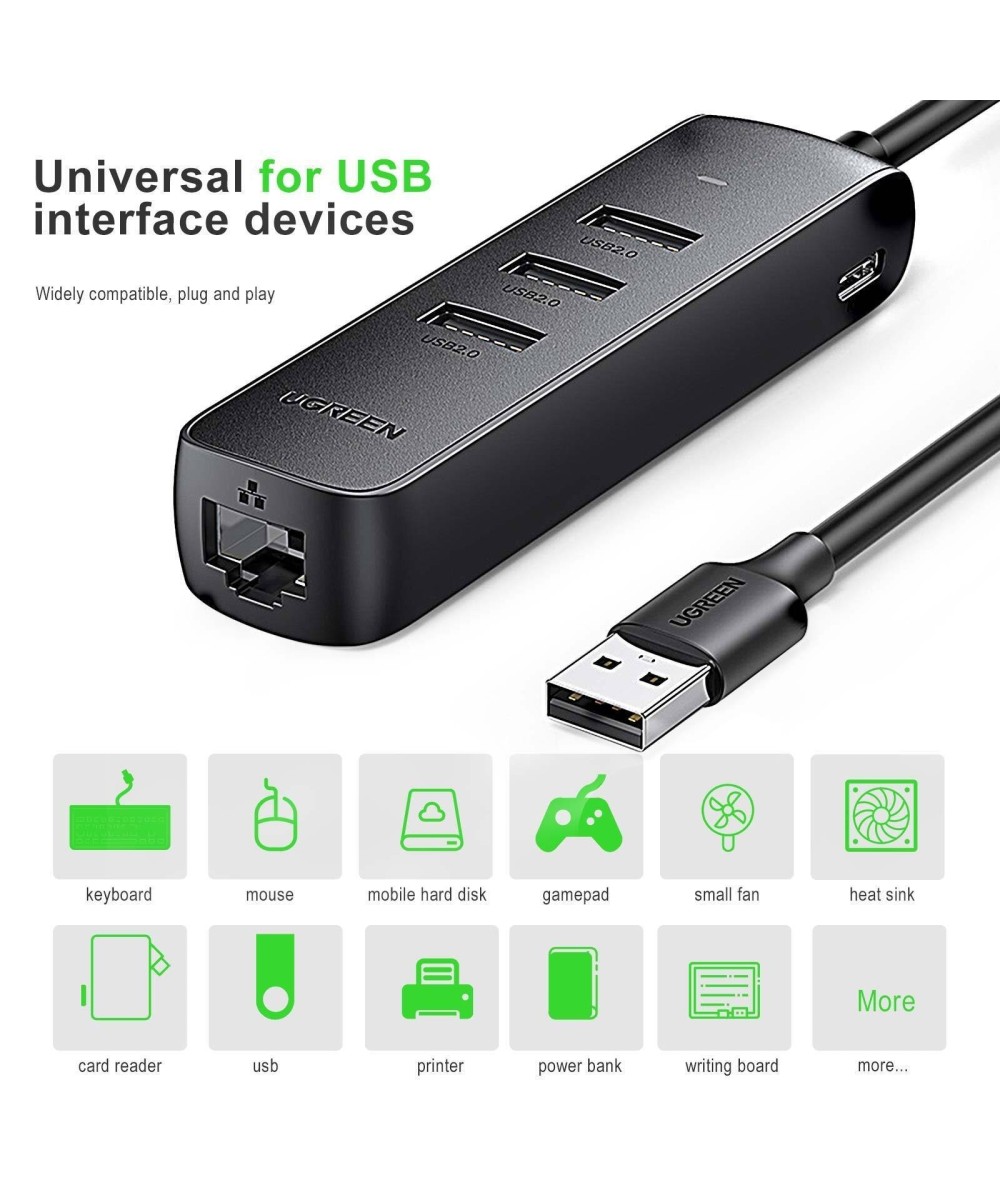 ADAPTADOR HUB DE USB A USB 2.0 Y RJ45 10/100M UGREEN