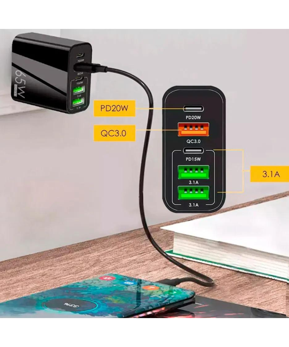 ADAPTADOR DE CARGA USB 65W 5 PUERTOS
