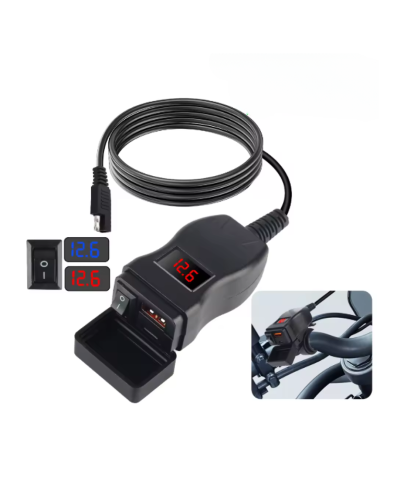 Adaptador de carga para moto / vehiculo 2 puertos USB 3.0 USB-C QC3.0 PD