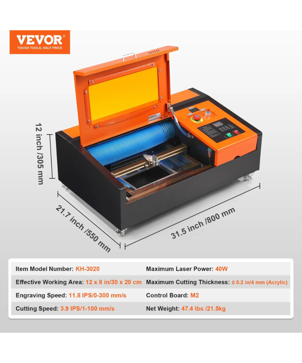 Grabadora y cortadora laser VEVOR 40W CO2 8 X 12 PULGADAS