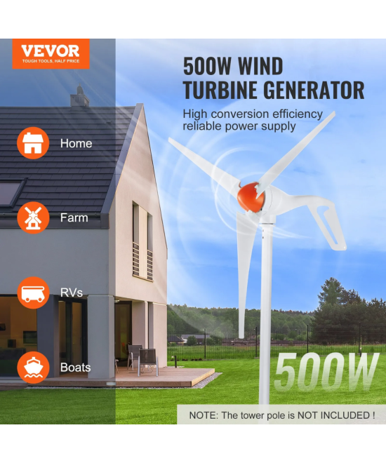 Generador de viento 500W 12V Aerogenerador 3 aspas VEVOR