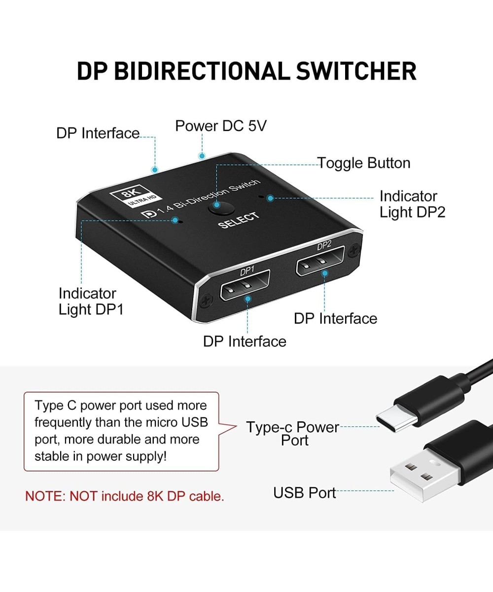 Separador bidireccional DisplayPort 2x1 / 1x2, 8K 60Hz, 4K 120Hz