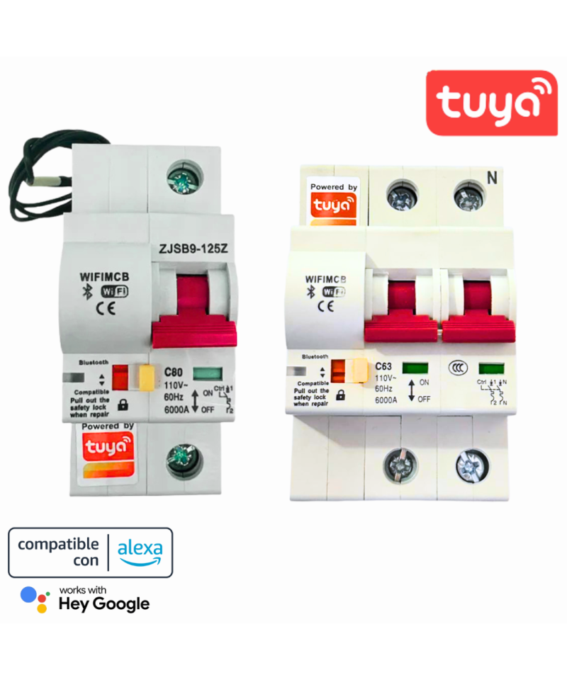 Interruptor de Energia Inteligente Breaker TUYA WIFI 80A 1 y 2Polos