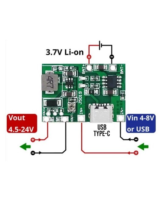 Módulo integrado de carga y descarga de batería de litio 18650 de 3,7 V a 9 V y 5 V USB-C