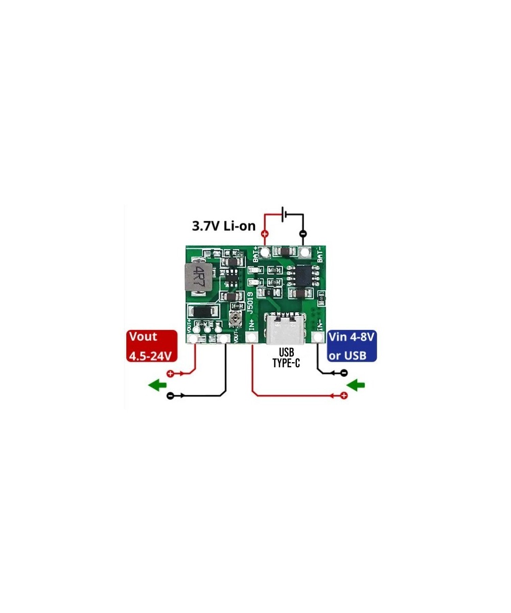 Módulo integrado de carga y descarga de batería de litio 18650 de 3,7 V a 9 V y 5 V USB-C