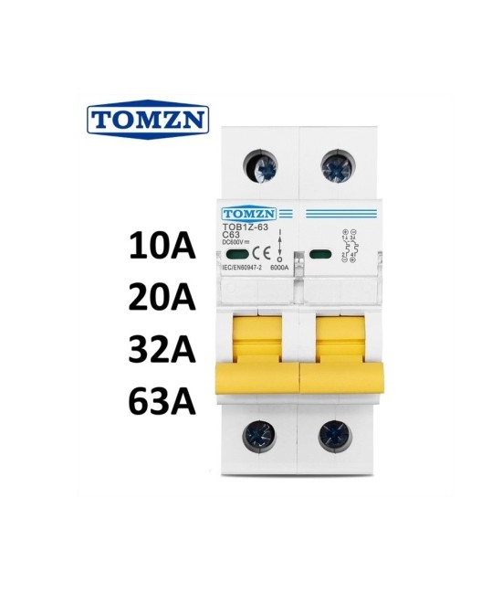 Breaker DC 2 polos MCB TOMZN Curva C Corriente Continua 600V 10-63A