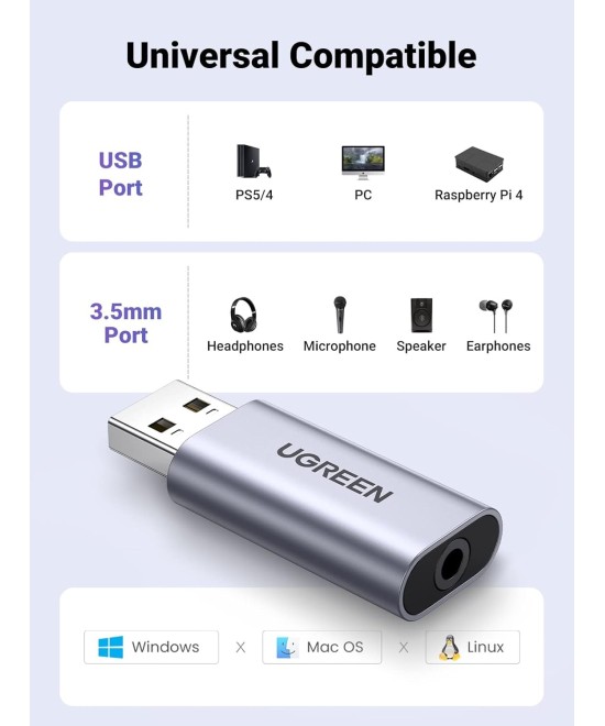 Adaptador de sonido estéreo externo USB a 3.5mm UGREEN