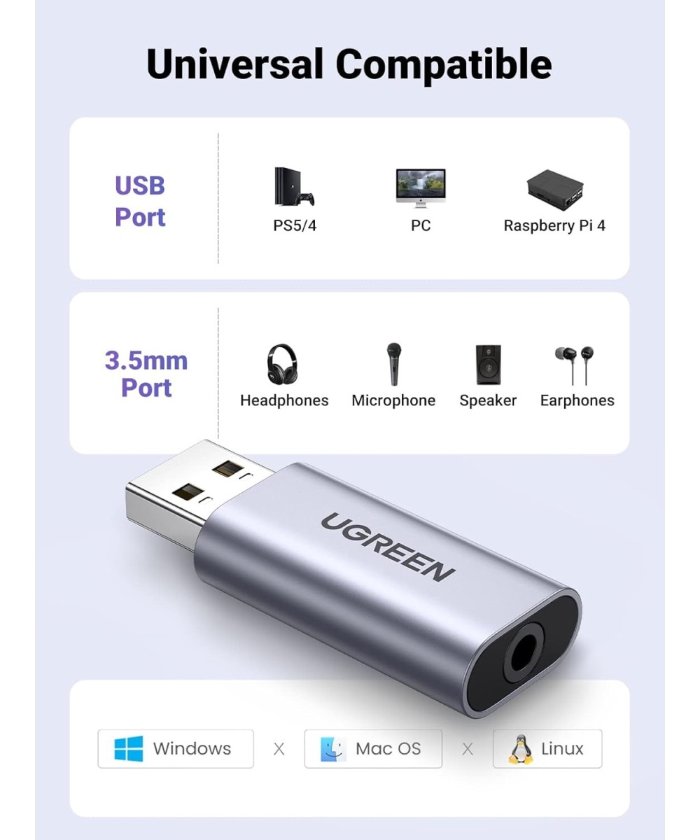 Adaptador de sonido estéreo externo USB a 3.5mm UGREEN