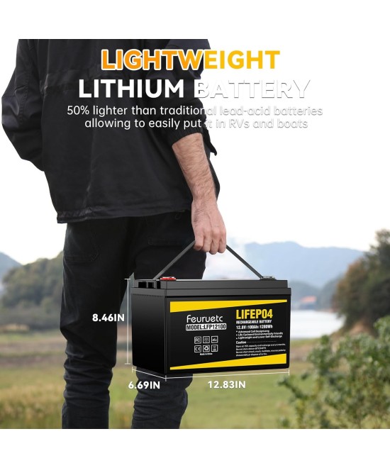 Batería de ciclo profundo LiFePO4 de 12V 100Ah recargable FEURUETC