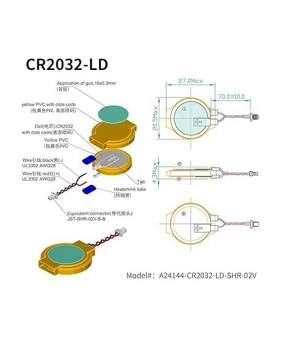 BATERIA CR2032 CON CABLE CONECTOR 2 PINES