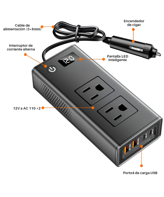 Inversor de corriente para automóvil de 200 W 12 V a 110 V, carga rápida PD 30 W, protección contra sobre carga