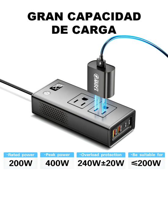 Inversor de corriente para automóvil de 200 W 12 V a 110 V, carga rápida PD 30 W, protección contra sobre carga