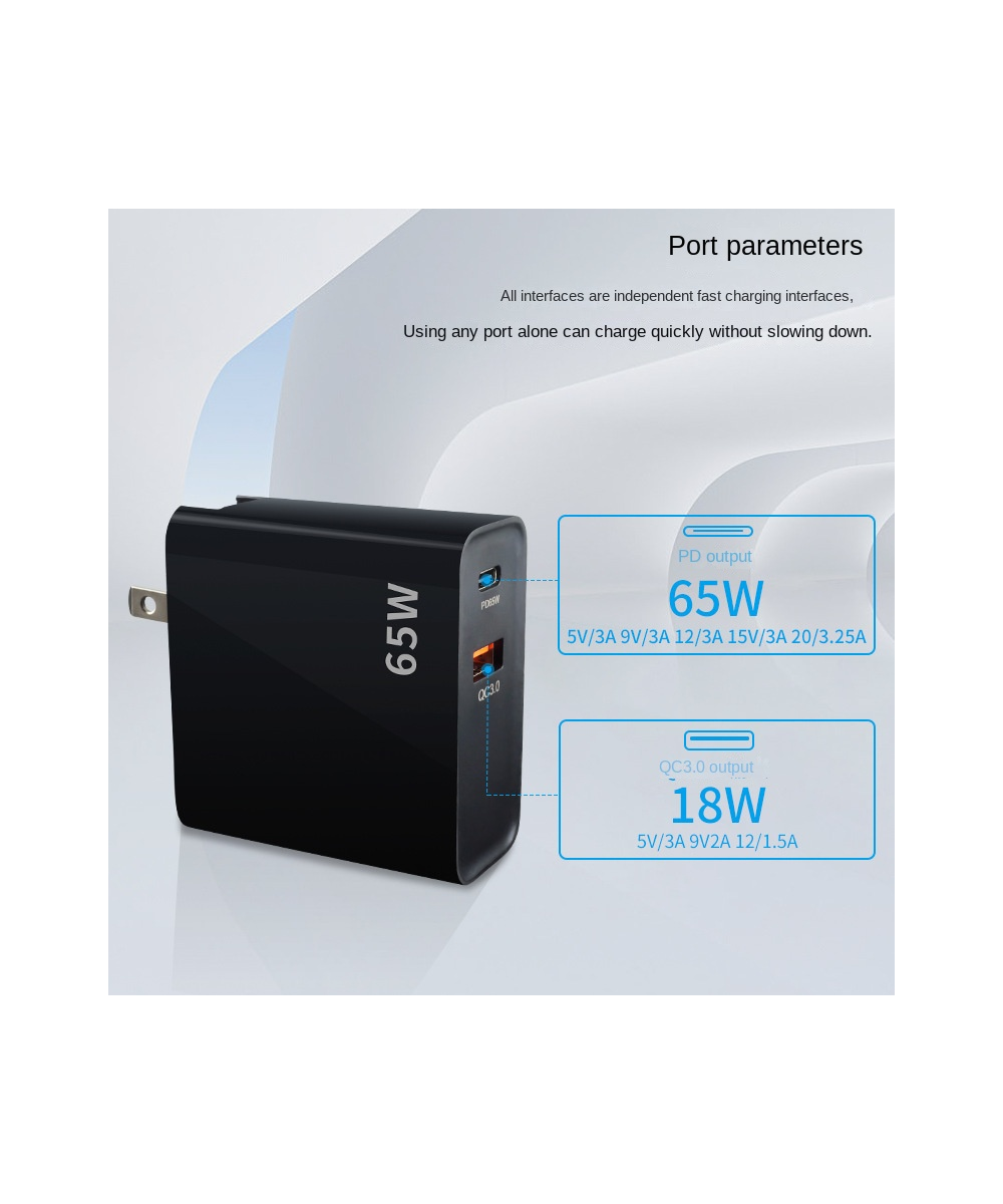 Adaptador de carga USB-C, PD 3.0 y QC 4.0 5V 65W