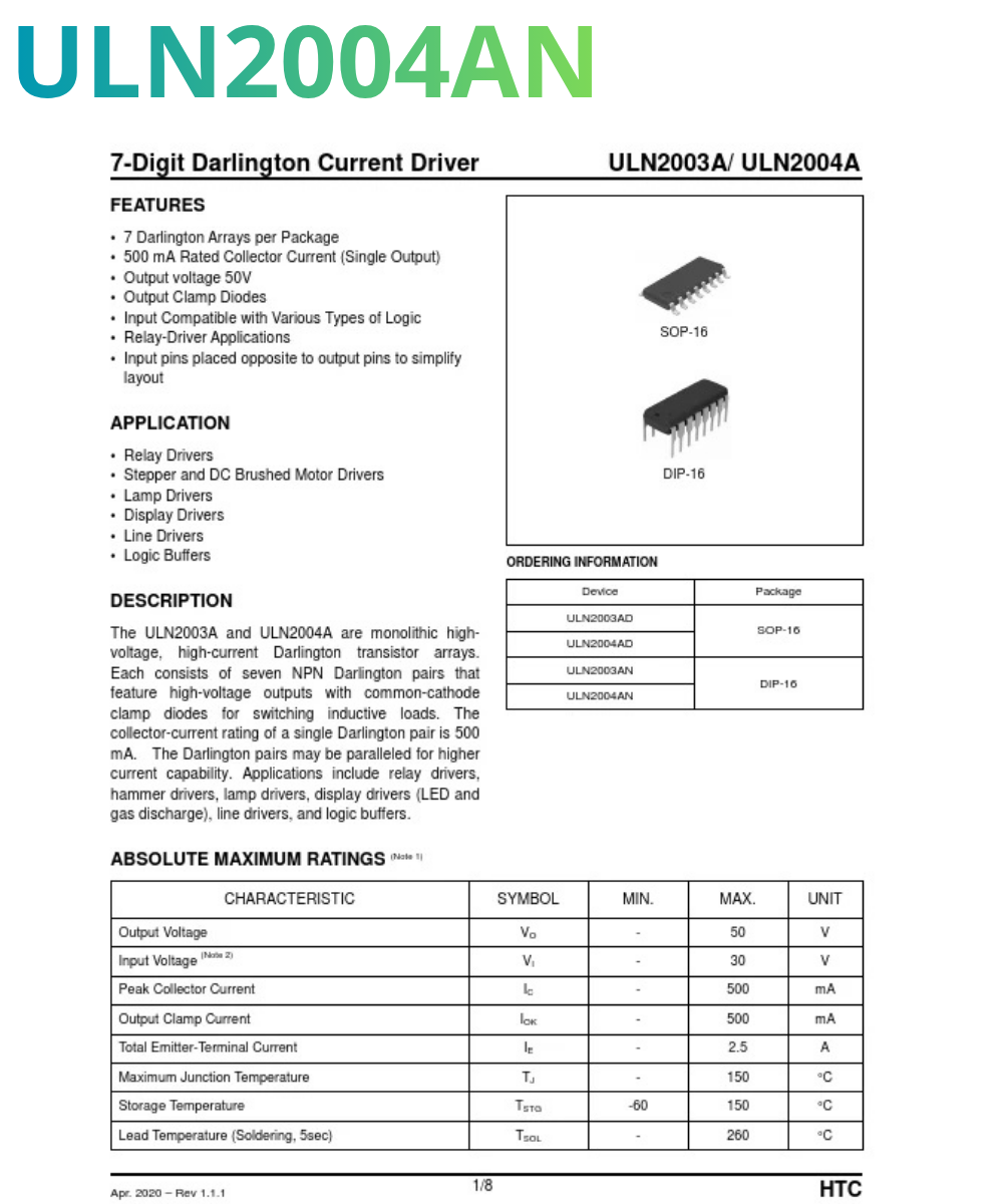 Transistor Darlington NPN de 7 elementos ULN2004AN