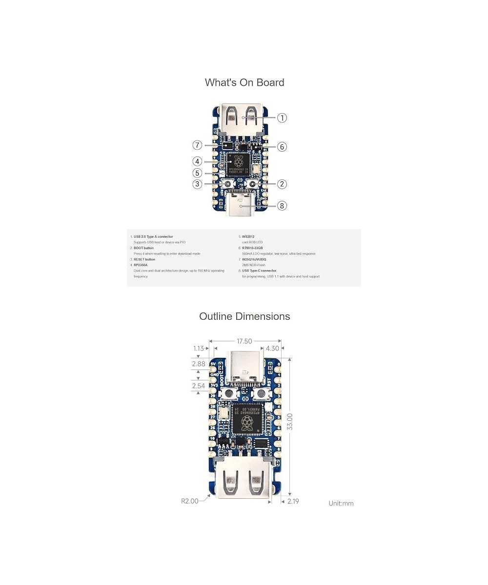 Tarjeta de desarrollo mini RP2350A USB