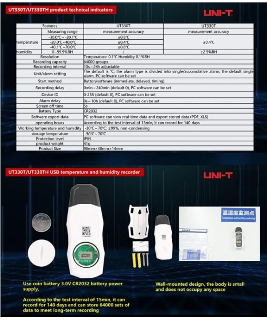 Registrador de datos USB de temperatura y humedad UNI-T UT330TH