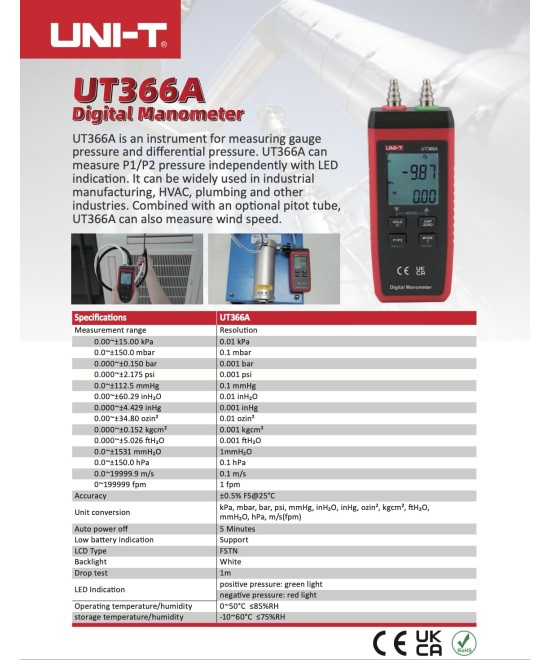 Manómetro digital  para medición de presión UNI-T UT366A