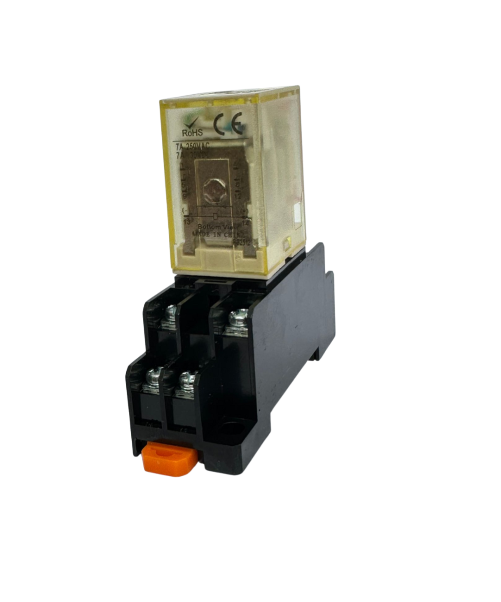 Rele electromagnético 8 pines 12/24 VDC / 110/220 VAC con base para riel DIN