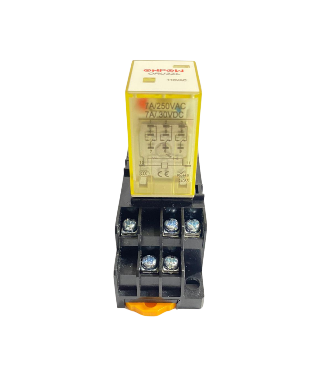 Rele electromagnético 11 pines 12/24 VDC / 110/220 VAC con base para riel DIN