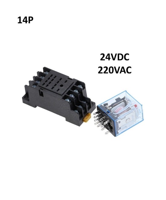 Rele electromagnético 14 pines 24V DC / 220V AC 5A con base para riel DIN MY4NJ HH54P